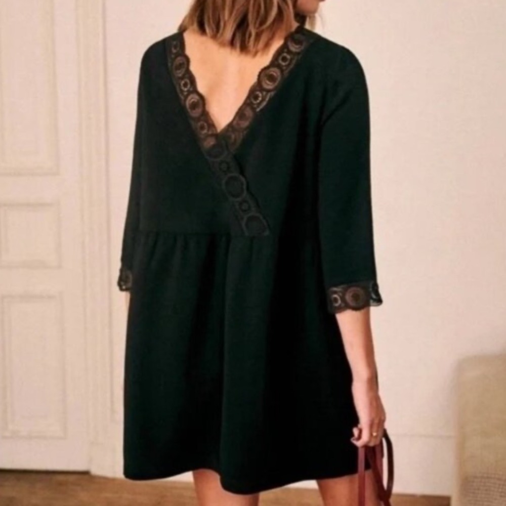 Sezane Ophelie Black Lace Trim Shift Dress Womens‎ Sz 36 French US 4 Minimal NEW